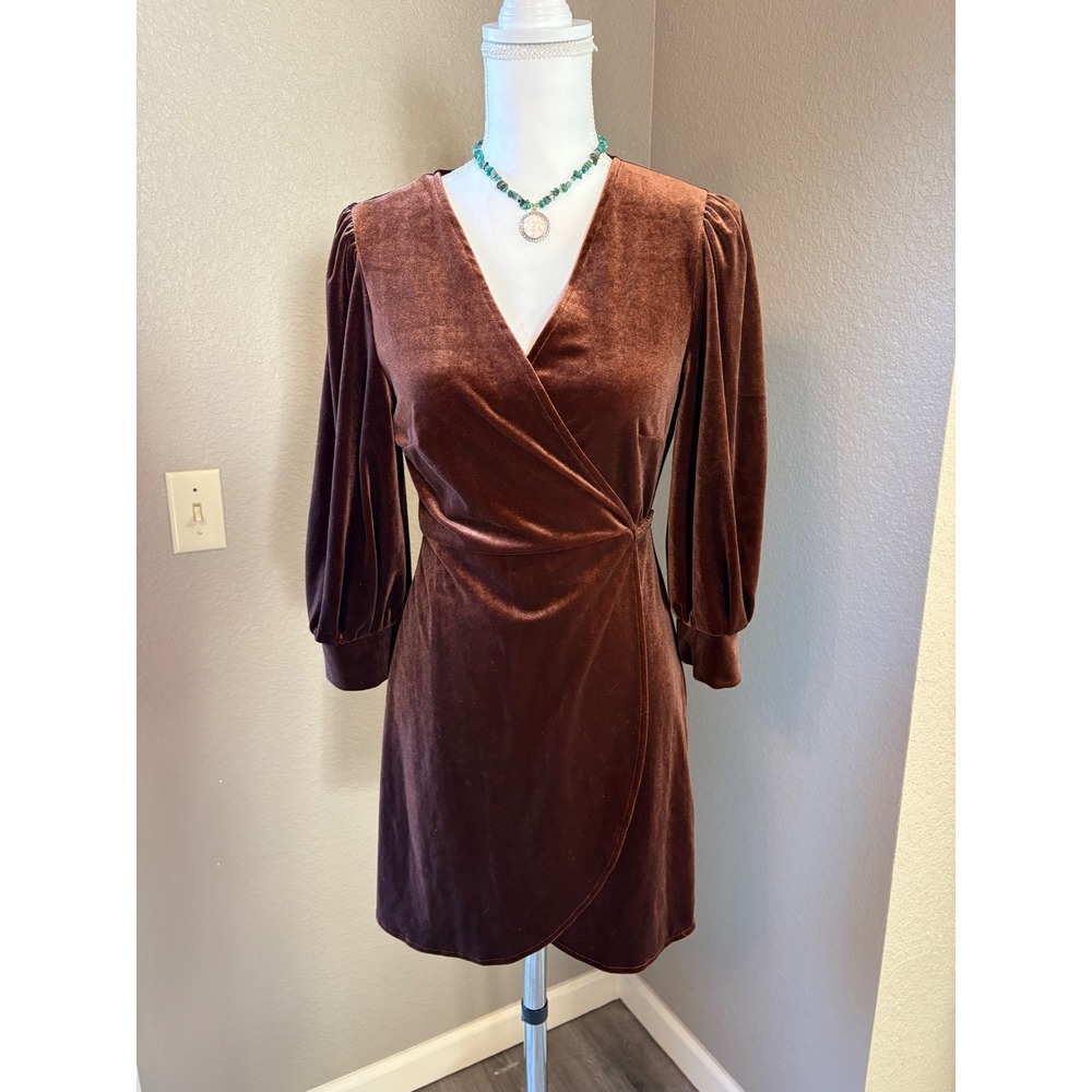 SHEIN Brown Velvet Wrap Mini Dress Long Puff Sleeve V-Neck Size M